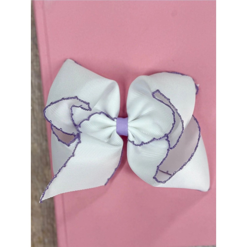 White Lavender Moonstitch Hair Bow 5 Inch Alligator Clip Girls Accessory